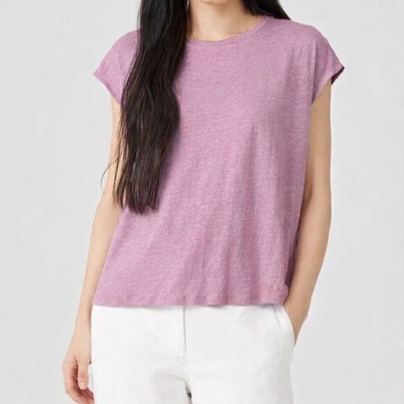 Eileen Fisher $128 Organic Linen Jersey Shirred Back Top Small NEW
